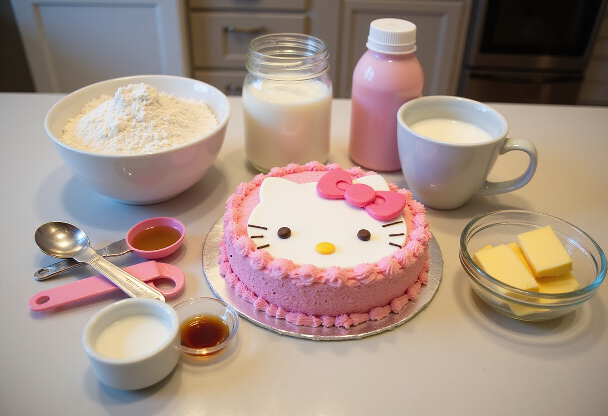 Ingredients for an effortless Hello Kitty cake recipe.