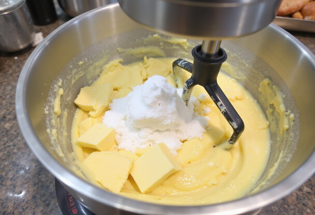 Creaming butter and sugar for a Hello Kitty cake batter.