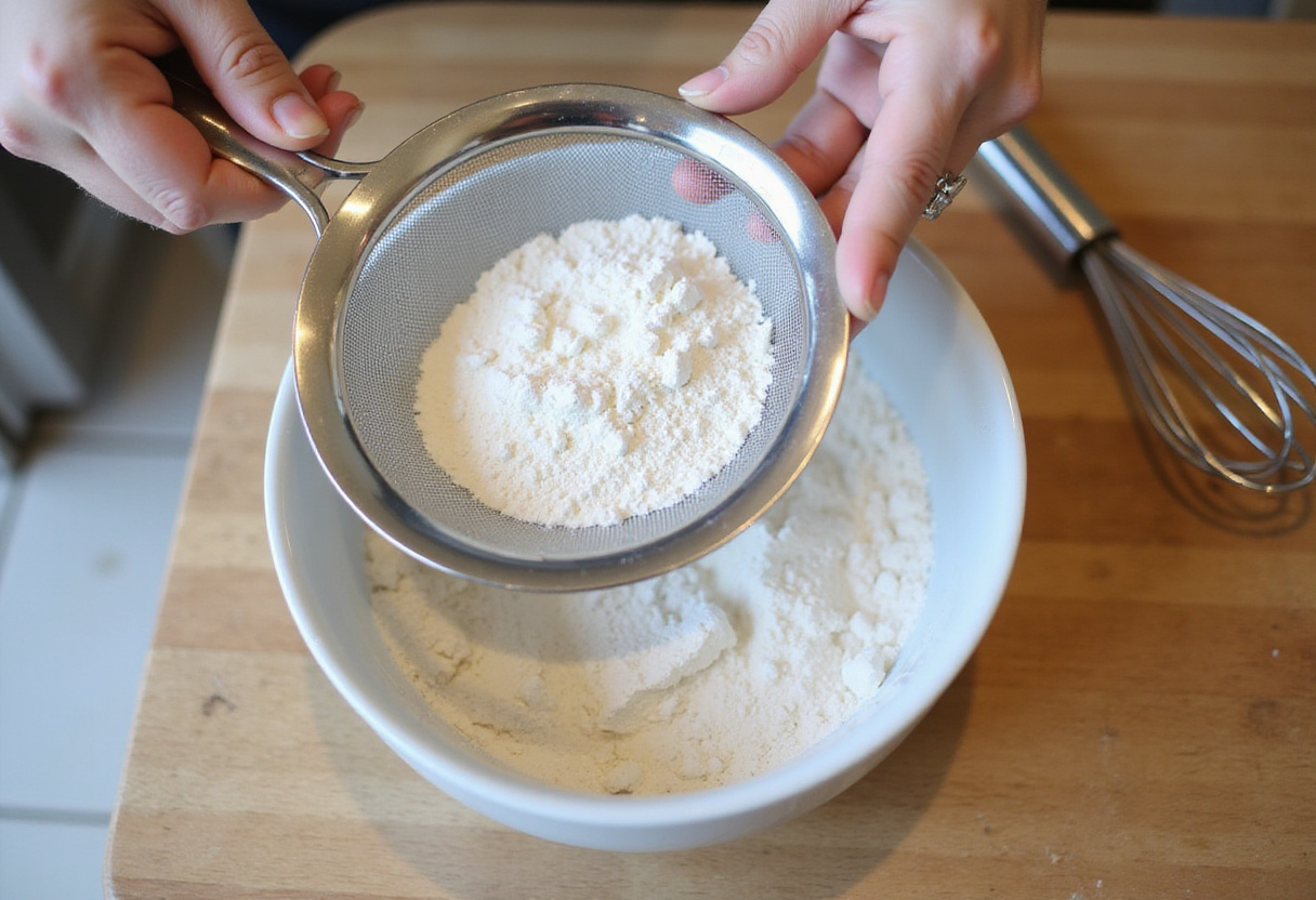 Sifting dry ingredients to prepare Hello Kitty cake mixture.
