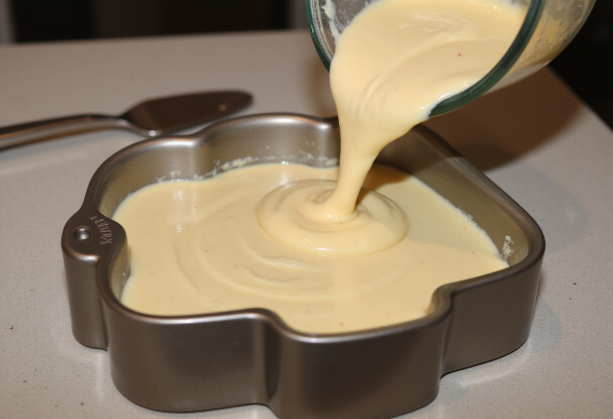 Pouring cake batter into Hello Kitty cake pan.