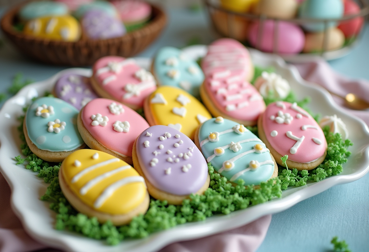 Finished Family Favorite Easter Egg Sugar Cookies decorated and ready to enjoy.