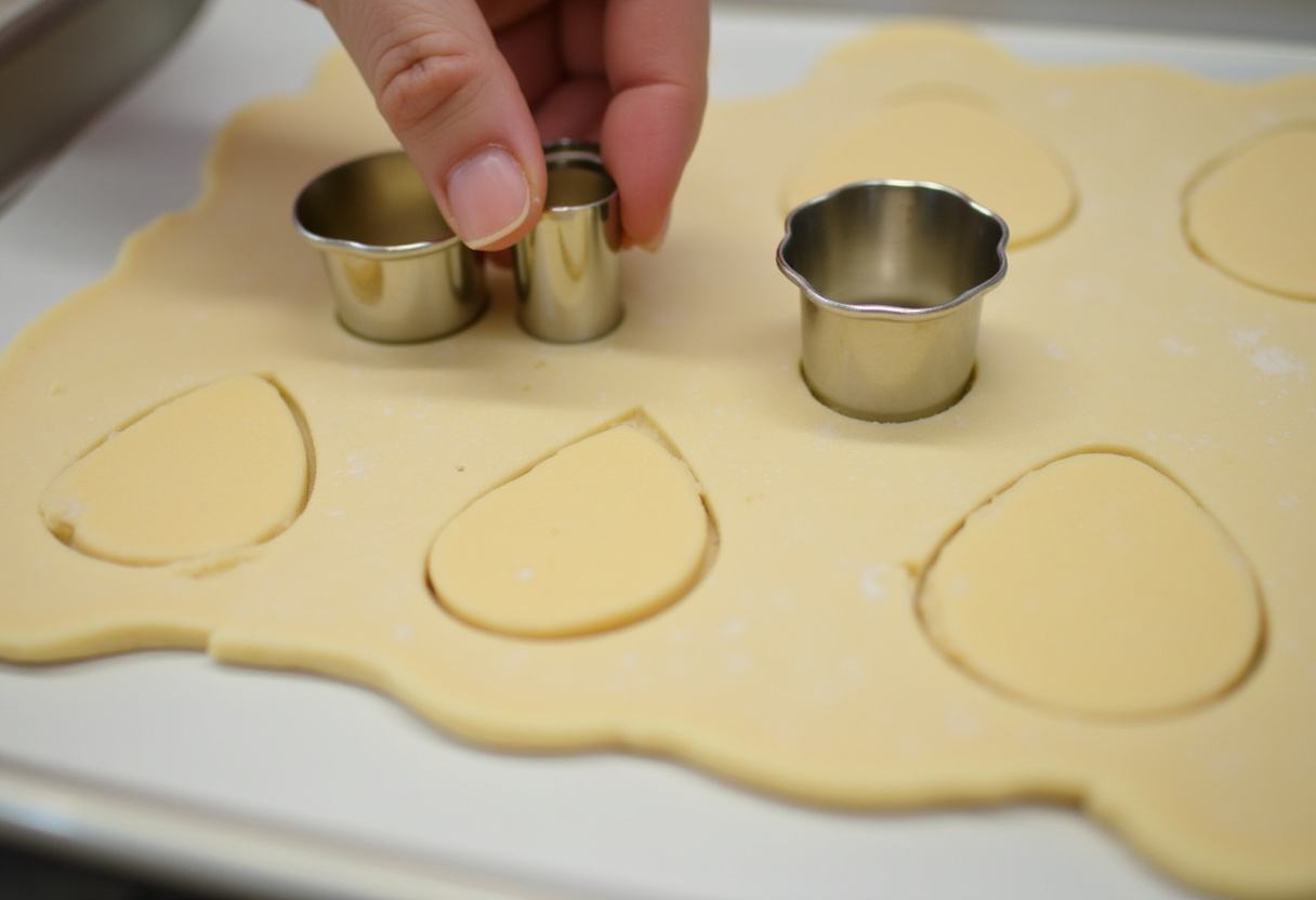 Easter egg-shaped sugar cookies being cut from dough for baking