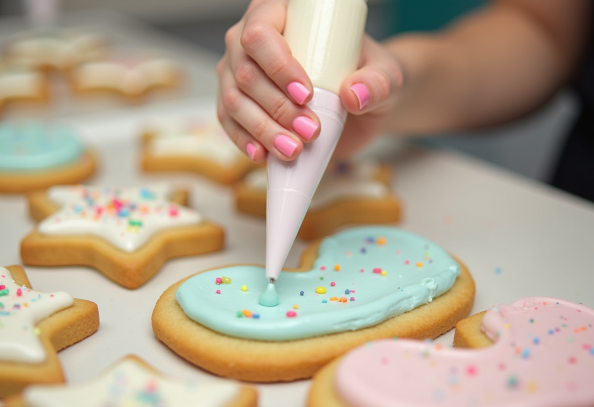 Decorating Easter egg sugar cookies with colorful icing and sprinkles