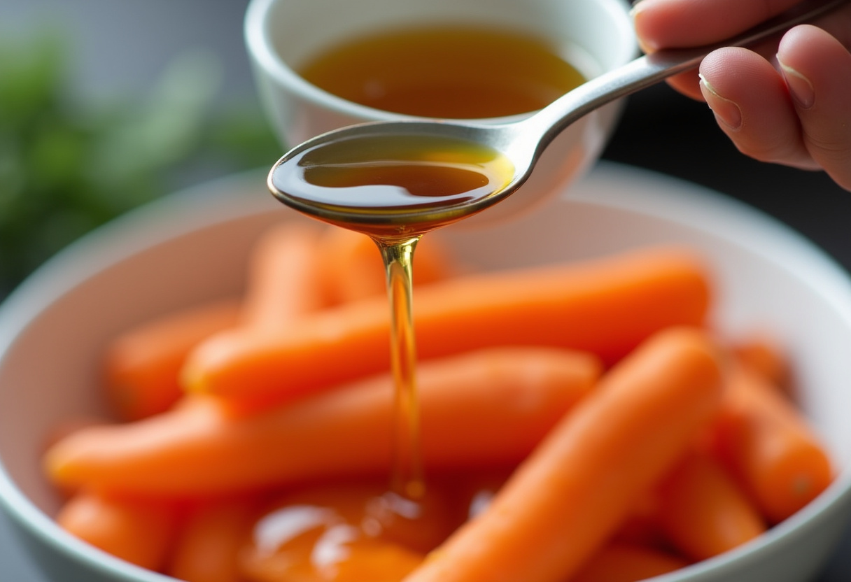 Honey and olive oil mixture being drizzled over carrots for roasting.