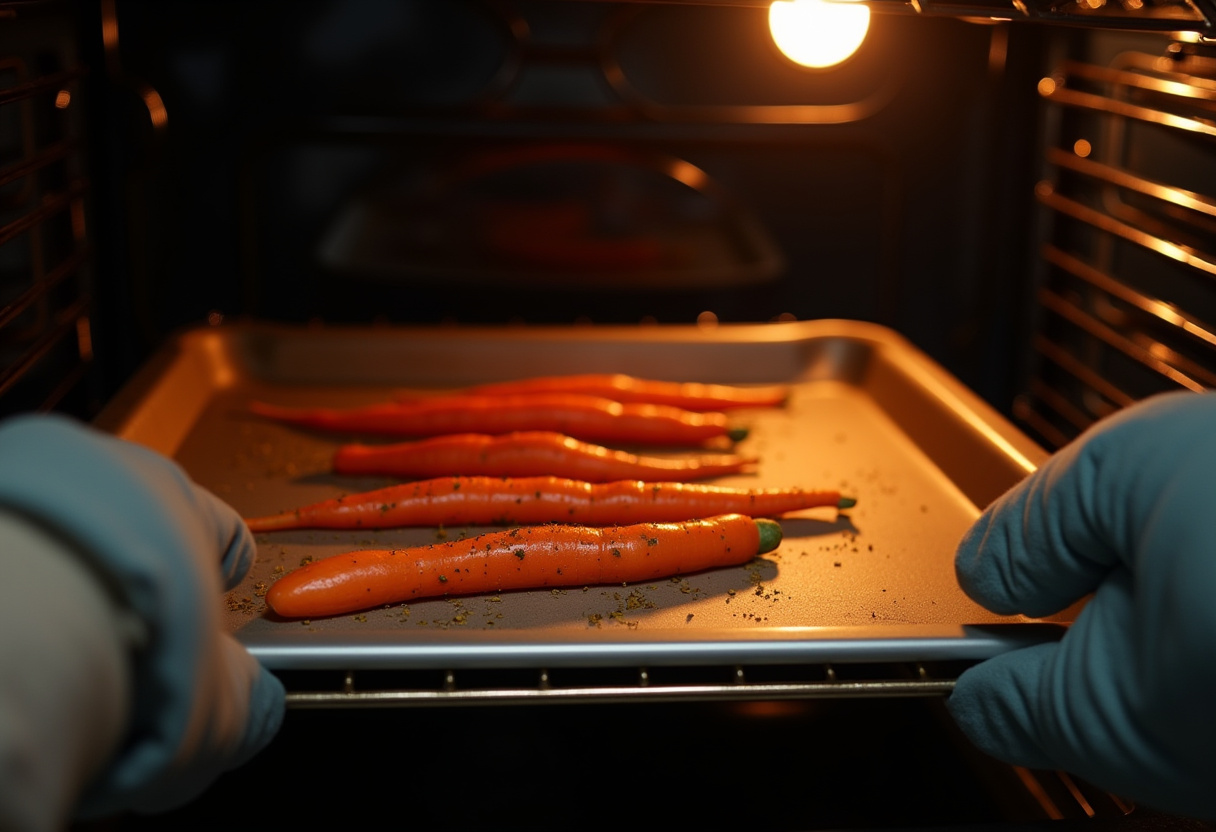 Baking sheet with Honey Roasted Carrots being placed in the oven.