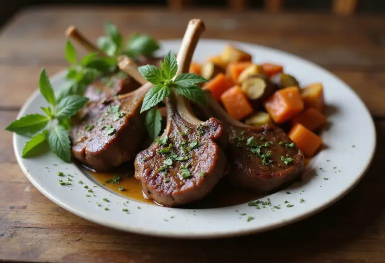 Finished Family Favorite Lamb Chops with Mint garnished with fresh mint and served with roasted vegetables.