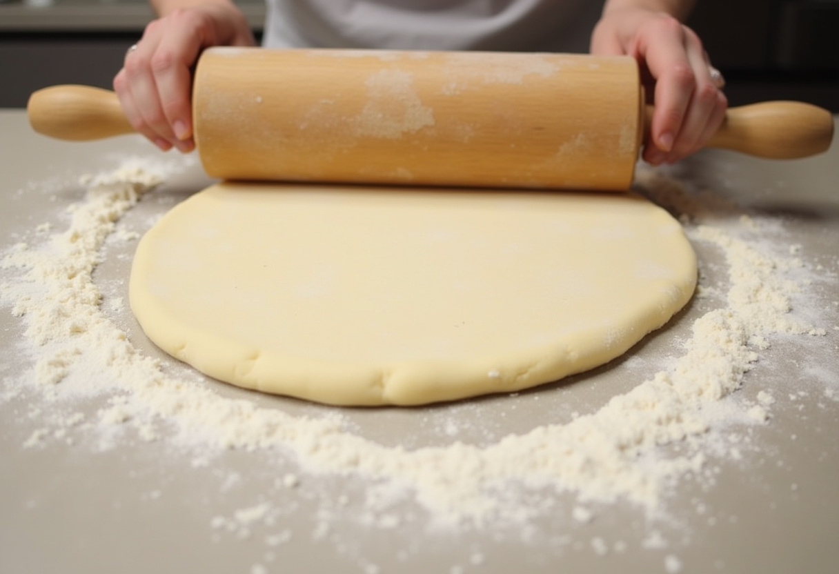 Rolling out dough for Resurrection Rolls on a floured surface.