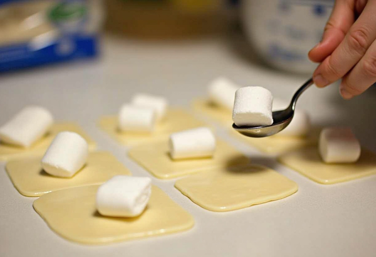 Adding marshmallows to the dough pieces for Resurrection Rolls.