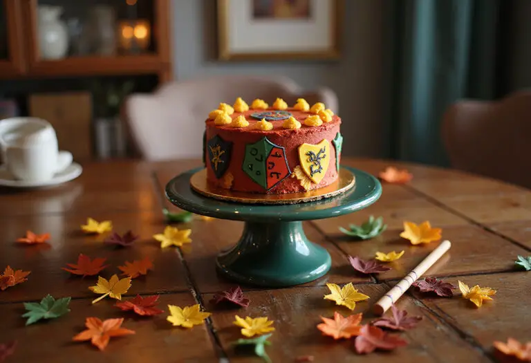 Finished Harry Potter cake with festive decorations, perfect for a themed party.