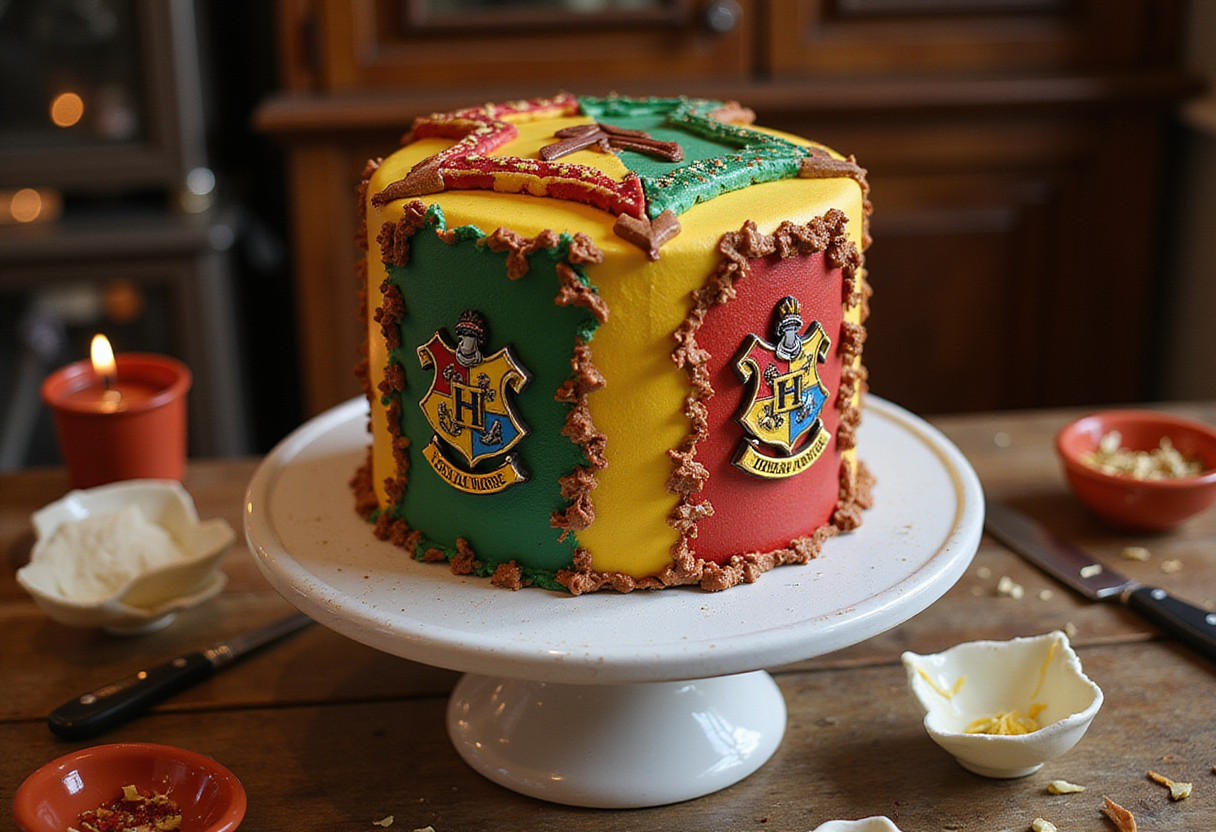 Finished Harry Potter cake with festive decorations, perfect for a themed party.