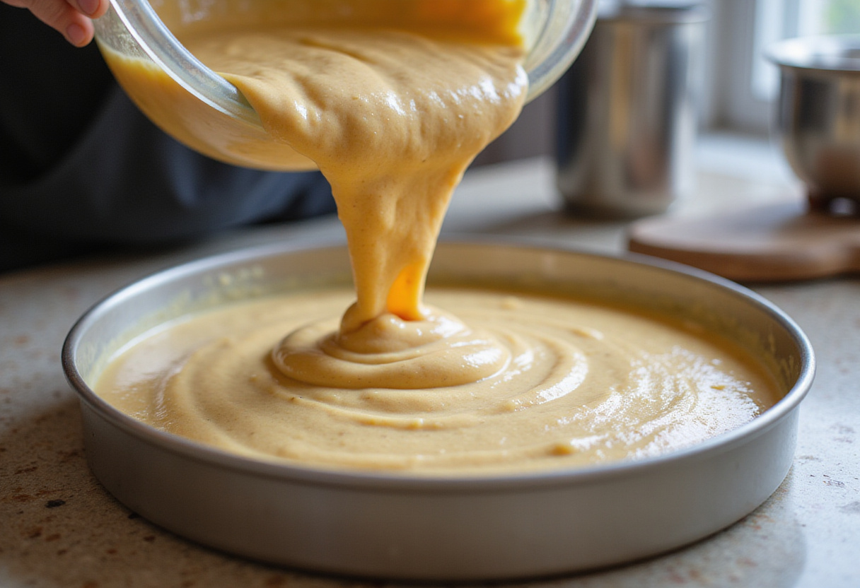 Pouring cake batter into a round pan for Harry Potter cake baking.