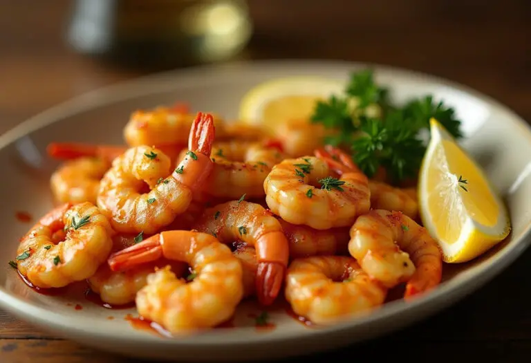 Finished Garlic Parmesan Roasted Shrimp with parsley and lemon garnish, ready to serve.
