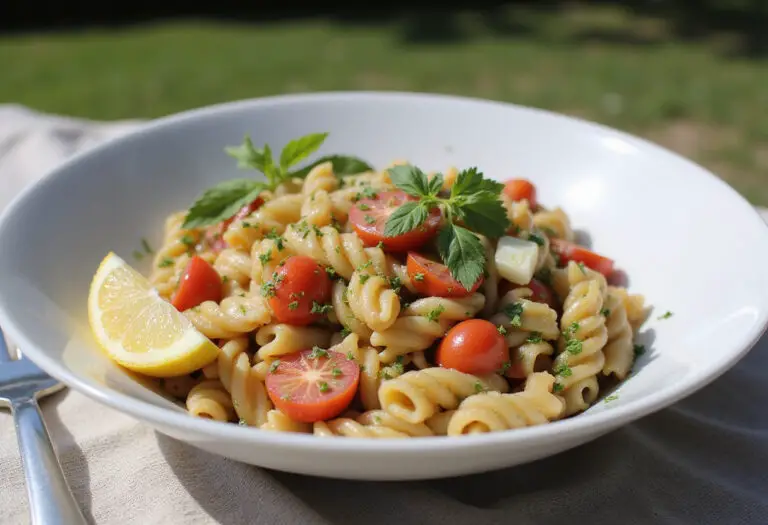 Finished Greek Pasta Salad garnished with herbs, ready to eat.