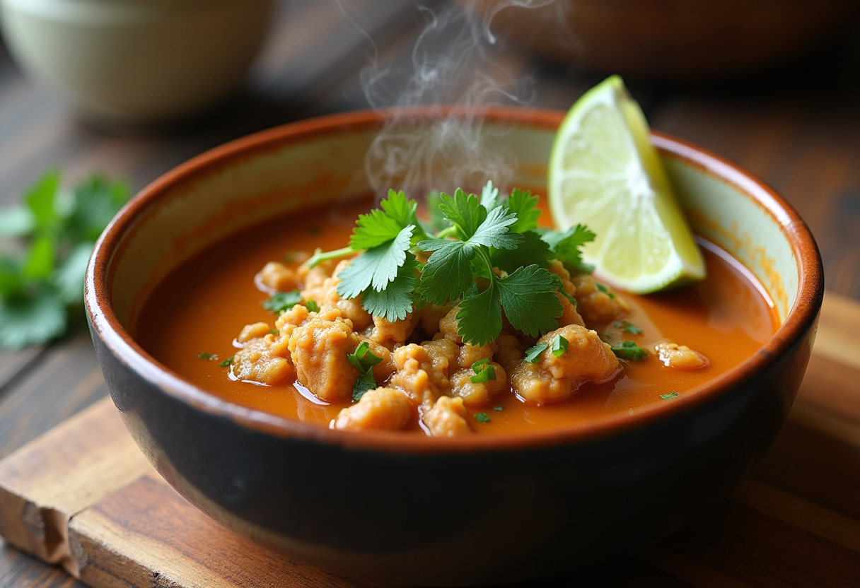 Finished Green Chili Chicken Soup garnished with cilantro and lime, ready to serve.