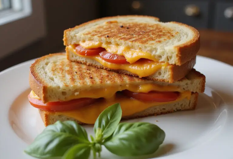 Delicious grilled cheese sandwich with tomato, ready to eat.