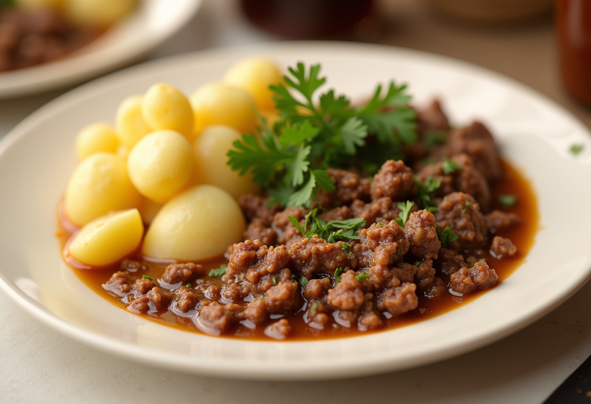 Finished Ground Beef and Potatoes dish, perfectly cooked and garnished with parsley.