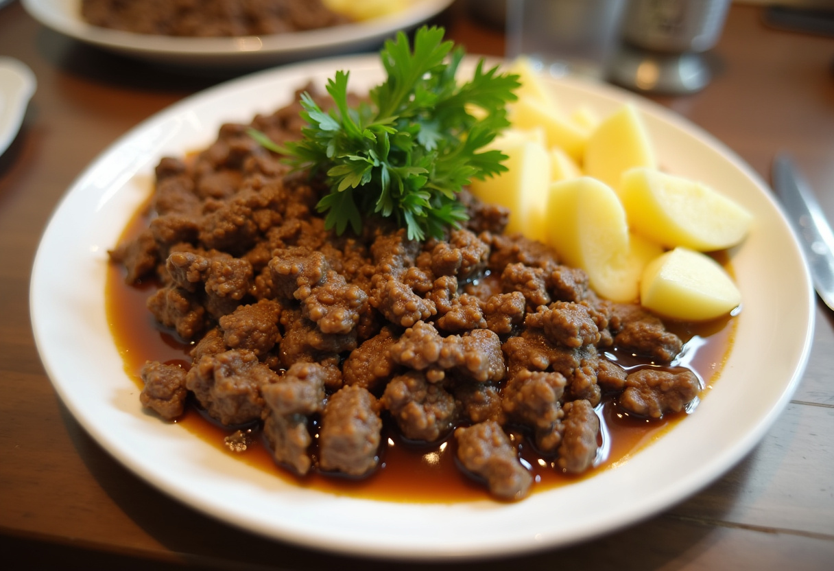 Finished Ground Beef and Potatoes dish, perfectly cooked and garnished with parsley.