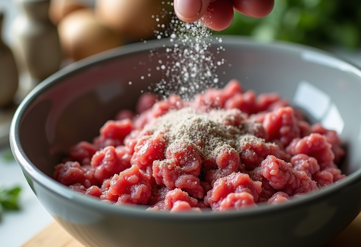 Seasoning raw ground beef for Ground Beef and Potatoes Recipe.