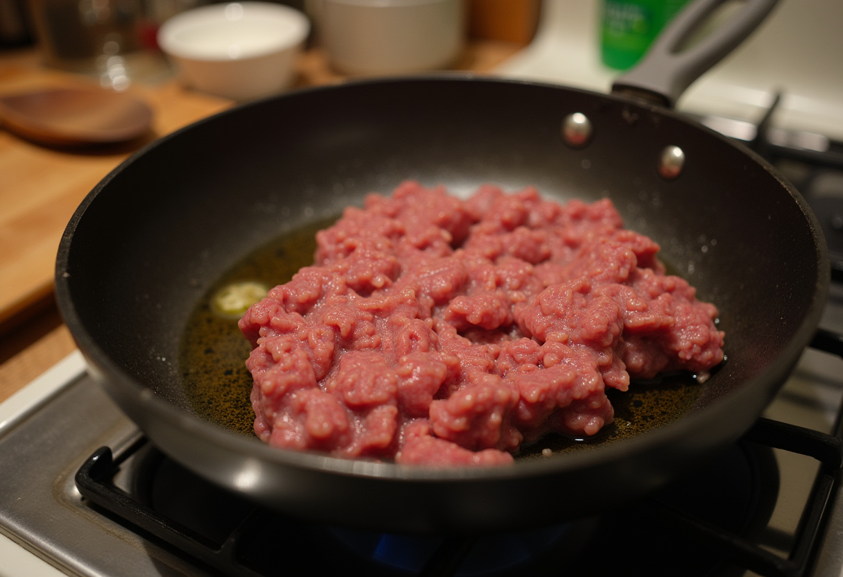 Heating skillet for cooking ground beef in Ground Beef and Potatoes Recipe.