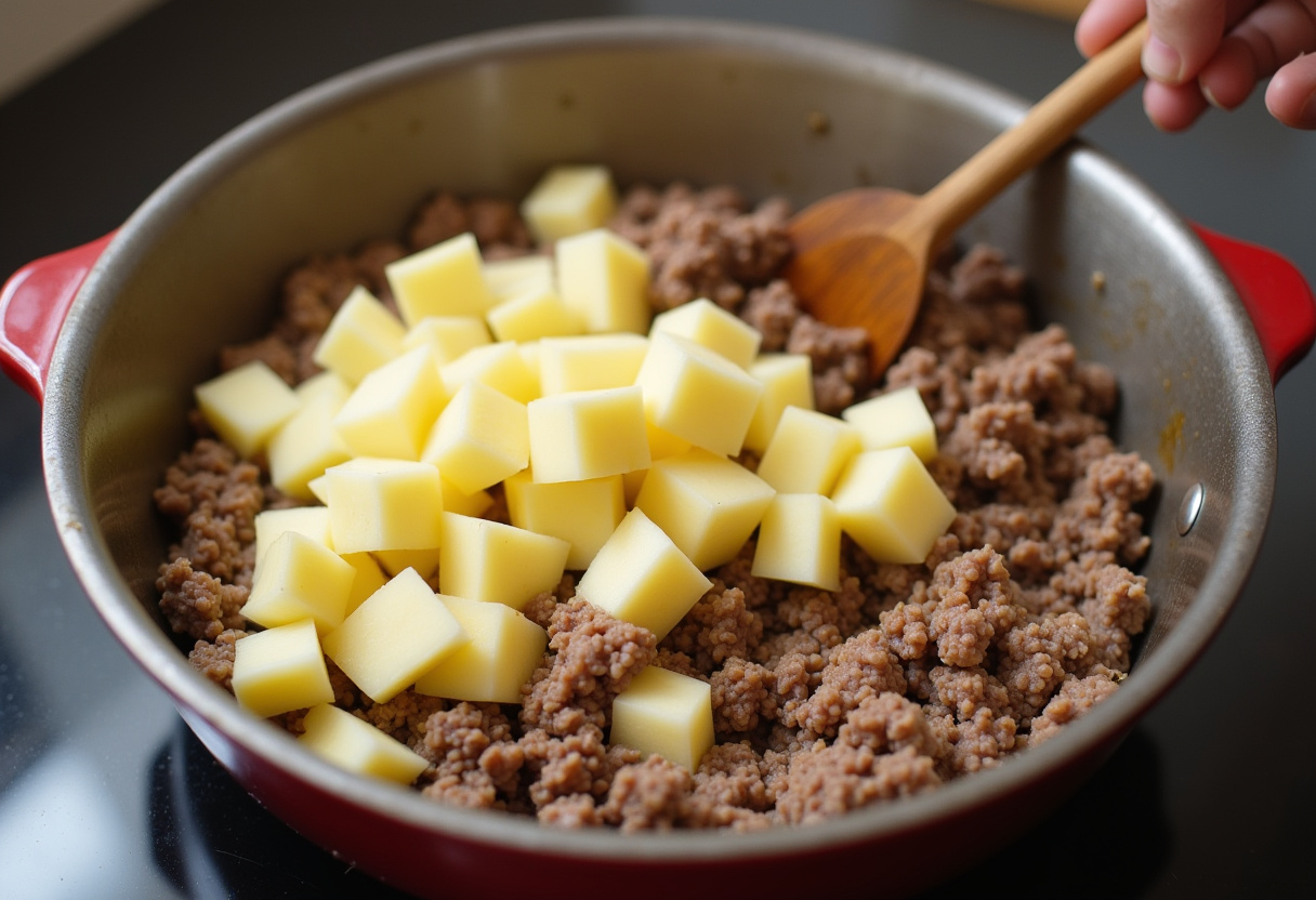 Adding diced potatoes to browned ground beef in skillet for Ground Beef and Potatoes.
