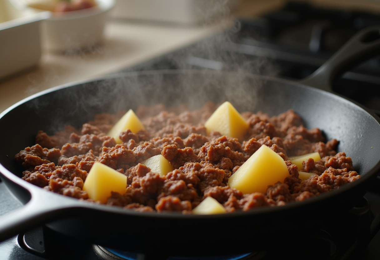Simmering ground beef and potatoes in skillet for final cooking.