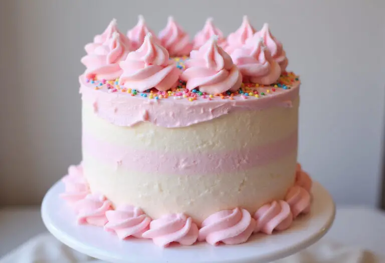 Finished homemade cotton candy cake with buttercream frosting and cotton candy decoration.