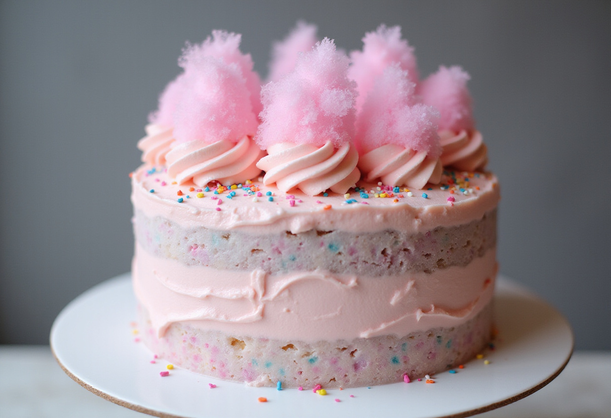 Finished homemade cotton candy cake with buttercream frosting and cotton candy decoration.