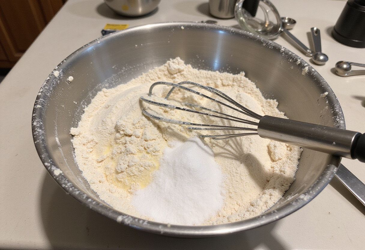 Dry ingredients being mixed in a bowl for a homemade cotton candy cake.