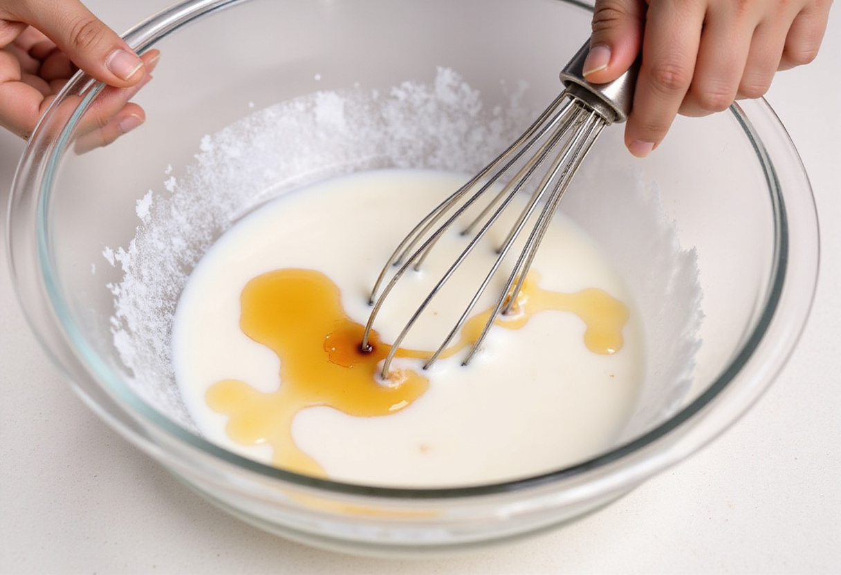 Wet ingredients being mixed in a bowl for a cotton candy flavored cake.