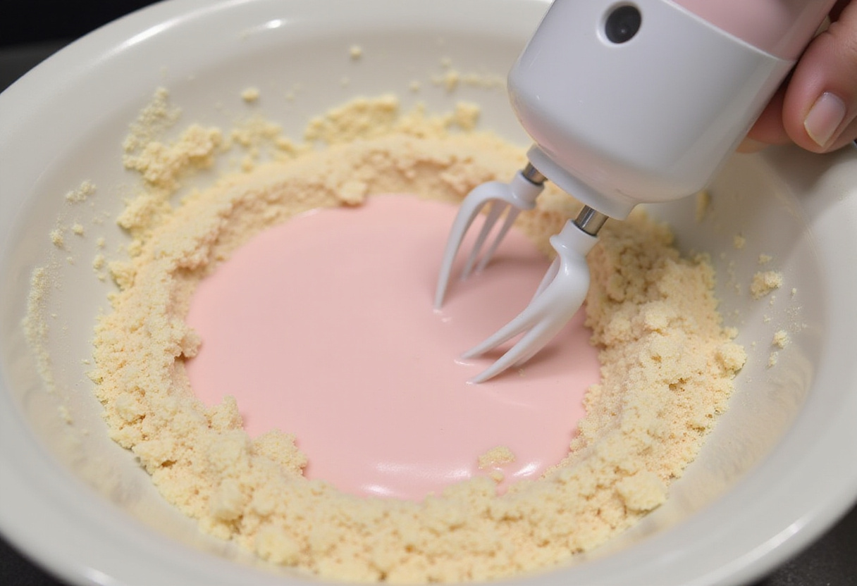 Combining wet and dry ingredients and adding pink food coloring while mixing a cake batter.