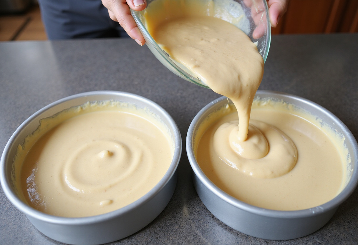 Cake batter being poured into cake pans for baking a homemade cake.