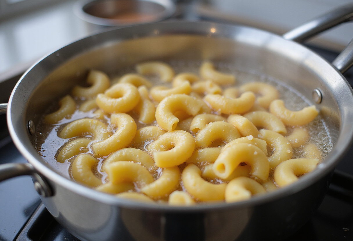 Elbow macaroni boiling in a saucepan for homemade Cracker Barrel Macaroni and Cheese.