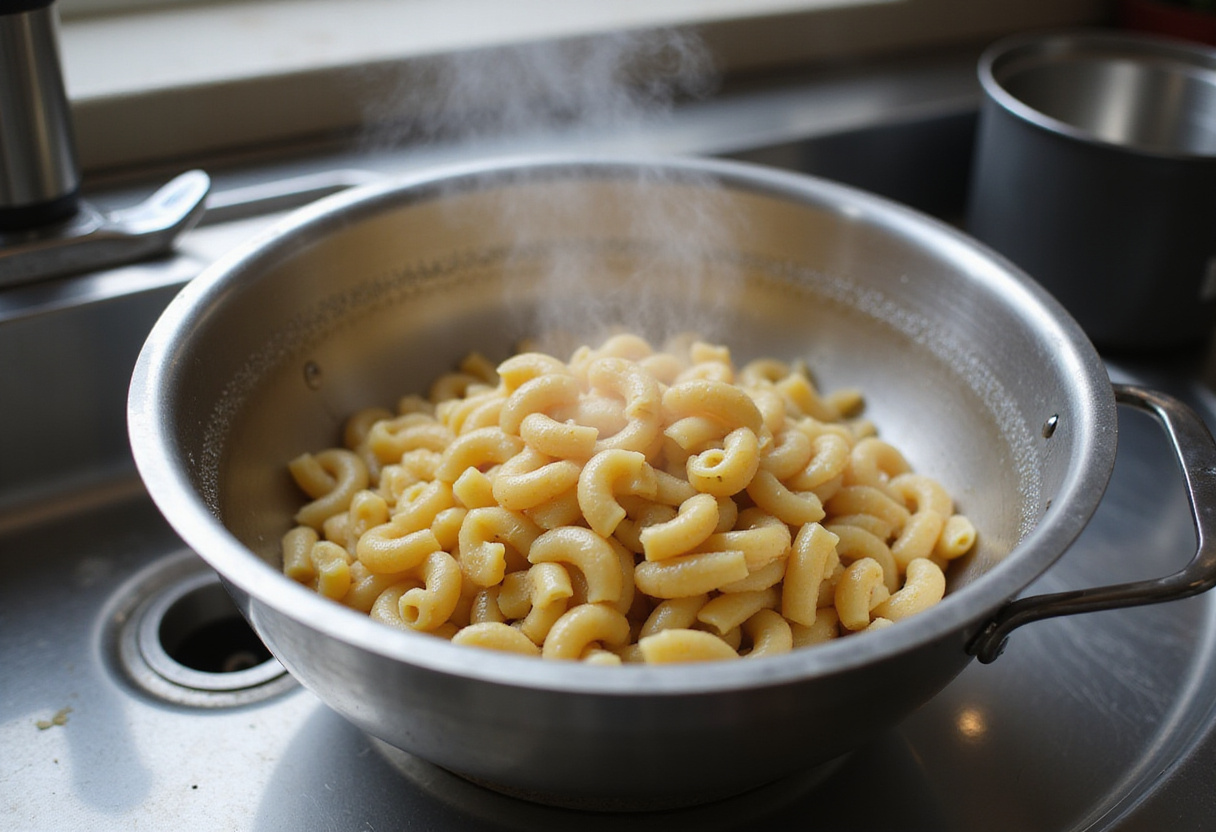 Draining cooked macaroni in a colander for Cracker Barrel Macaroni and Cheese recipe.