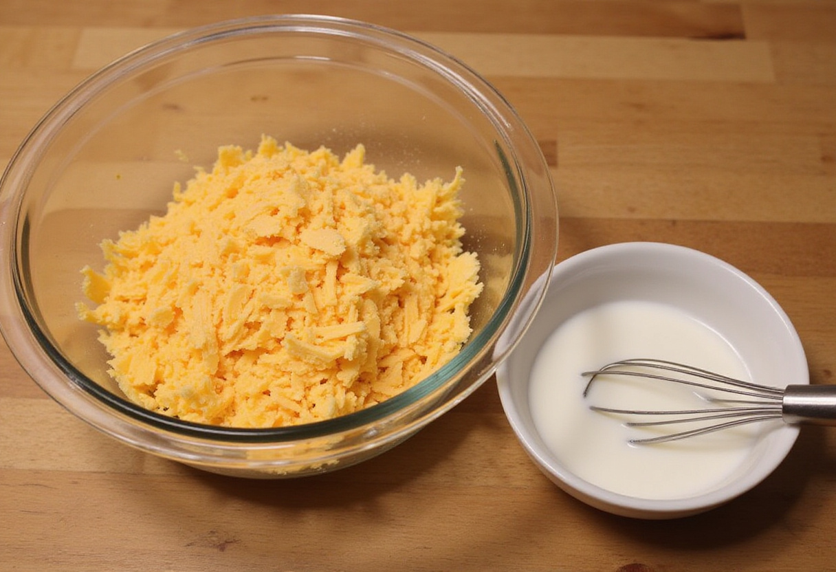 Ingredients for the cheese sauce of homemade Cracker Barrel Macaroni and Cheese, cheddar and evaporated milk.