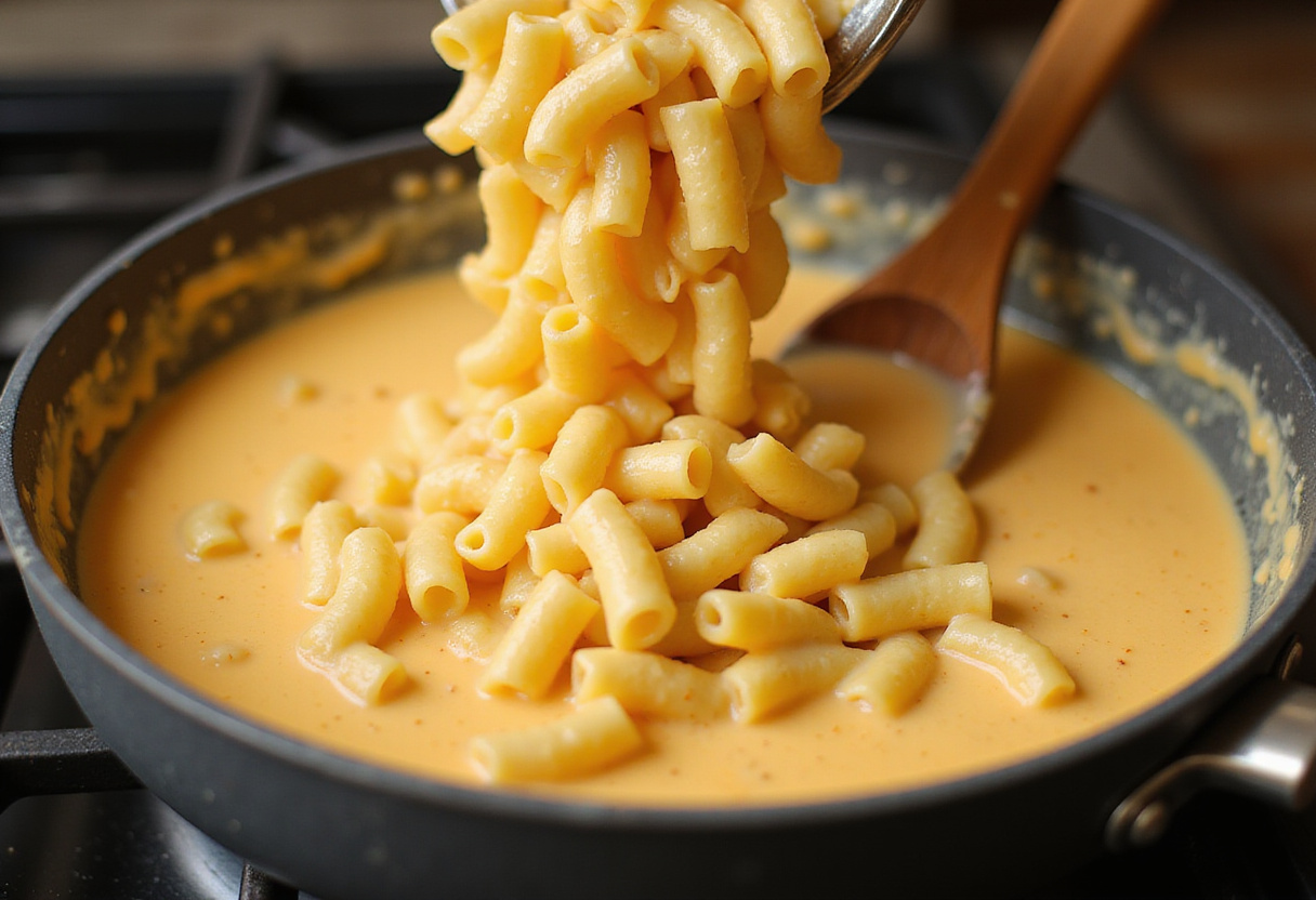 Macaroni being mixed with cheese sauce in a saucepan for Cracker Barrel Macaroni and Cheese.