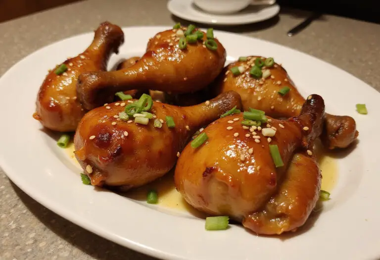 Delicious Honey Garlic Chicken Drumsticks garnished with sesame seeds and green onions, perfect for dinner.