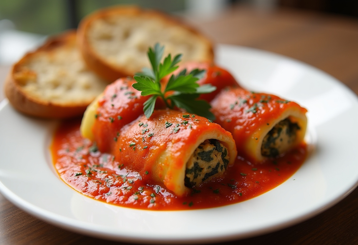 Delicious Italian Stuffed Cabbage Rolls served with fresh parsley and bread.