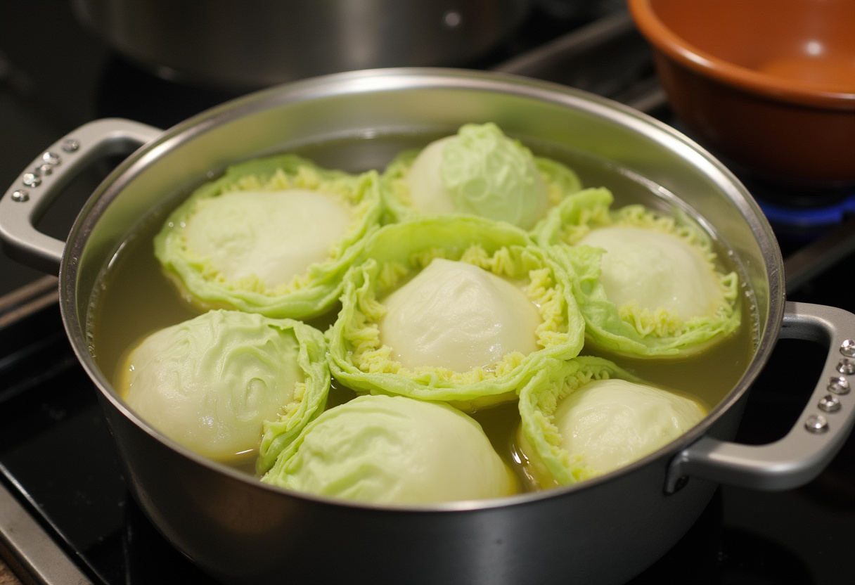 Boiling cabbage leaves for Italian Stuffed Cabbage Rolls preparation.
