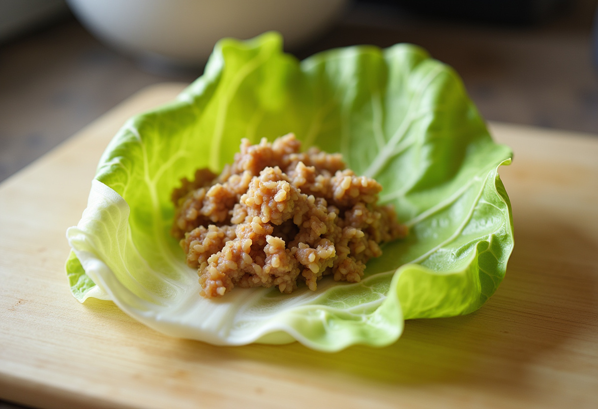 Cabbage leaf being stuffed with meat mixture for Italian Stuffed Cabbage Rolls.