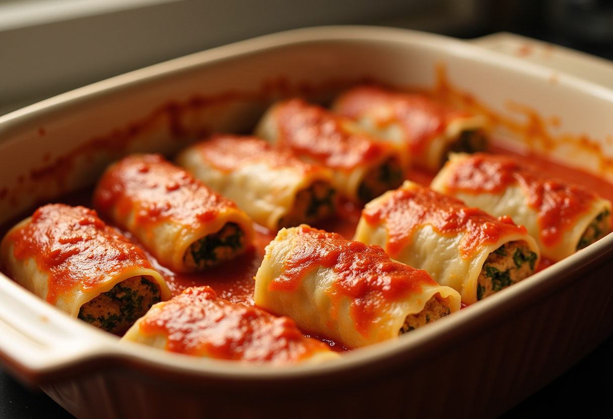 Stuffed cabbage rolls arranged in a baking dish with tomato sauce for baking.