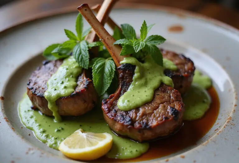 Finished Lamb Chops with Mint sauce, garnished with fresh mint and lemon, ready to serve.