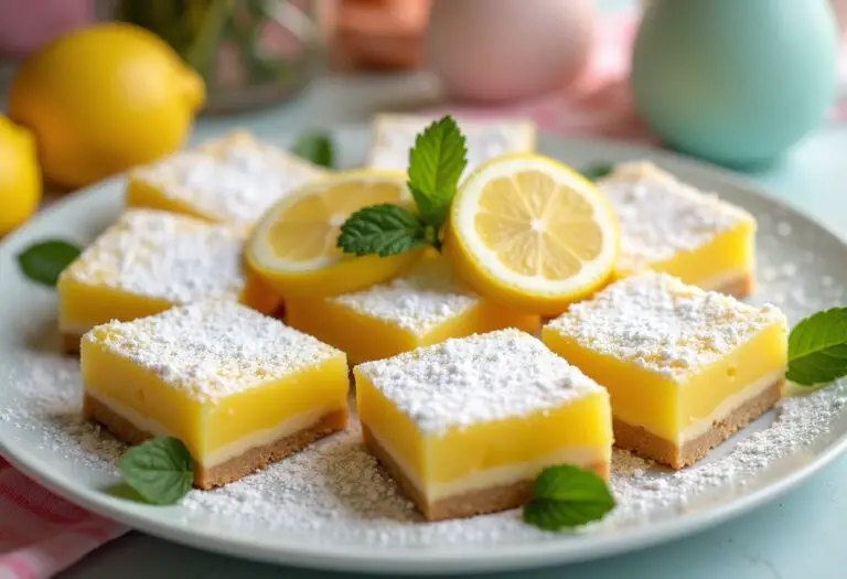 Delicious Easter Lemon Bars with powdered sugar and lemon garnish.
