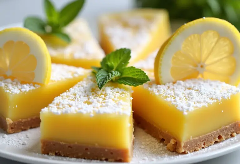 Finished Lemon Bars with a Twist dusted with powdered sugar and garnished.
