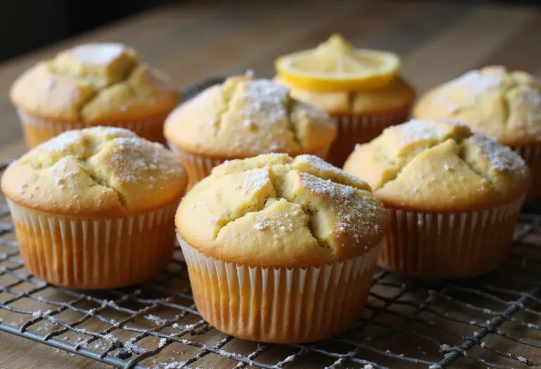 Freshly baked lemon poppy seed muffins on a cooling rack, perfect for breakfast or snack.