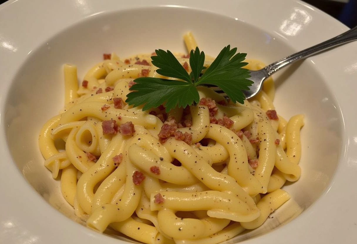 Delicious Loaded Bacon Cheeseburger Alfredo Pasta with bacon bits and parsley garnish.