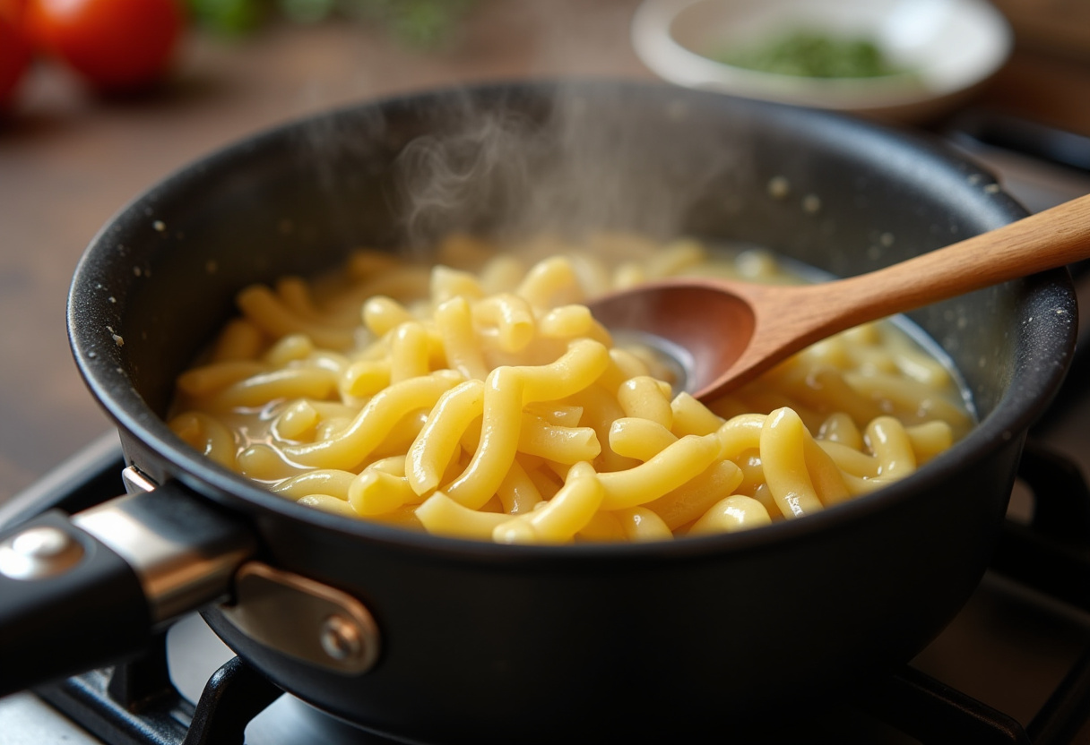 Fettuccine pasta boiling in a pot for Loaded Bacon Cheeseburger Alfredo Pasta.