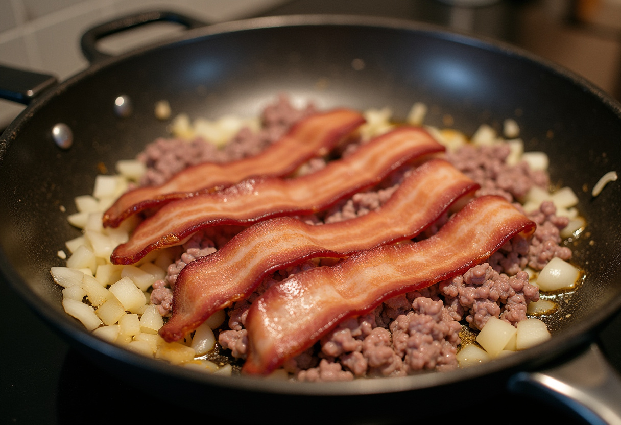 Bacon and ground beef cooking with onions and garlic for Loaded Bacon Cheeseburger Alfredo Pasta.