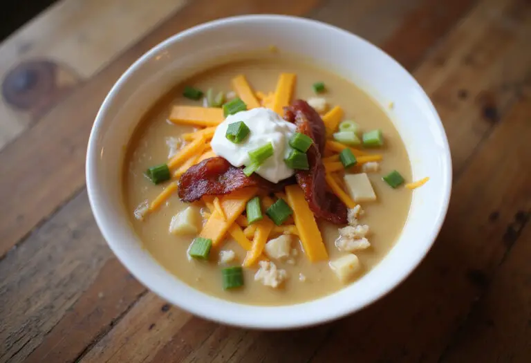 Delicious Loaded Baked Potato Soup garnished with cheese, bacon, sour cream, and green onions.