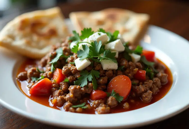 Delicious Mediterranean Ground Beef Stir Fry served with couscous and pita bread.