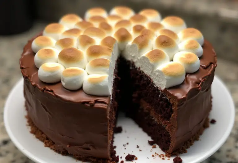 Decadent Mississippi Mud Cake with marshmallow and chocolate frosting, ready to serve.